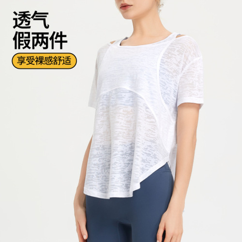 Loose sports short-sleeved fake two-piece running T-shirt breathable yoga clothes for women casual fitness quick-drying sweat-absorbent blouse for women