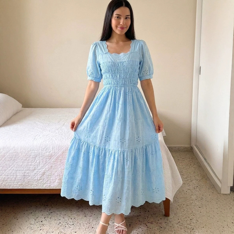 Carefully Selected French Fairy Heavy-Duty Hollow Embroidery Waist-Cinching Square-Neck Dress for Women, Summer Slimming Elegant Puff Sleeve Long Dress
