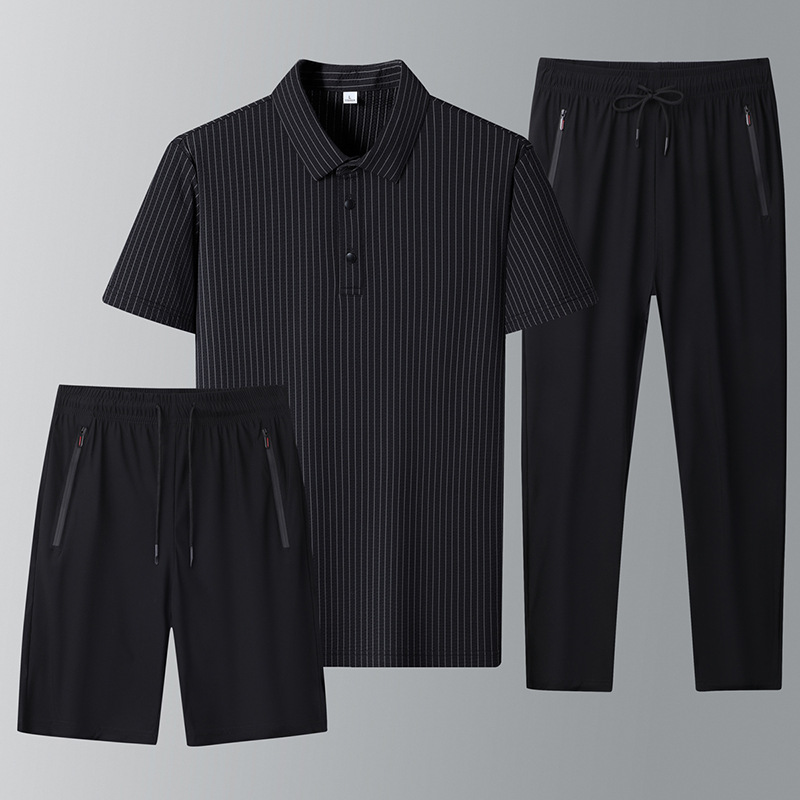 Middle-aged Casual Suit Men's Summer Thin 50-year-old Dad's Ice Silk Quick-drying Short-sleeved Pants Loose Sports Three-piece Suit