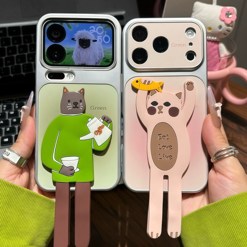 Barista Cat Folding Stand Compatible with Apple 17Promax Phone Case Cat Catching Fish Iphone16 Soft Case