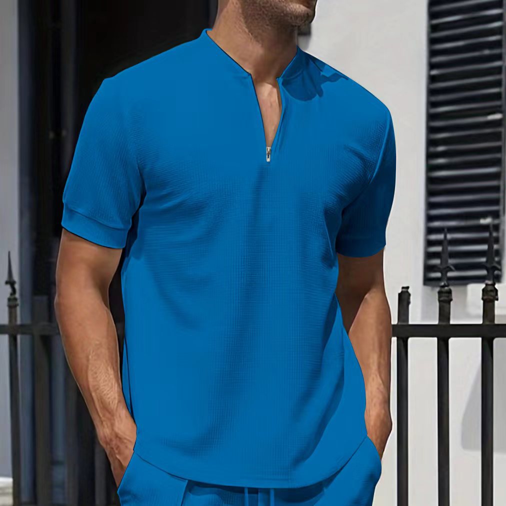 Men's Summer Shirt New Waffle Belt Stand Collar Solid Color Short Sleeve T-Shirt Fashion For Adults_viptrois.com