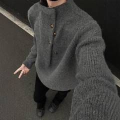 不規則なボタンのデザイン感の高い襟のセーターの男性の韓国系のファッションのブランドのごろつきのハンサムで怠惰なoversizeニットの上着