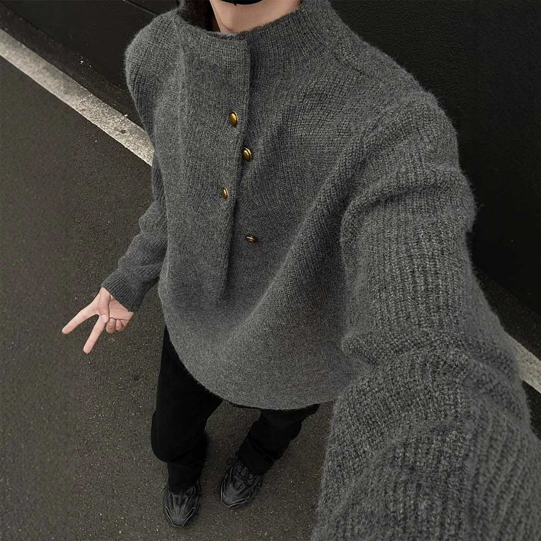 Нерегулярный дизайн пуговиц с высоким воротником свитер мужской корейский бренд прилив красивый ленивый свитер oversize