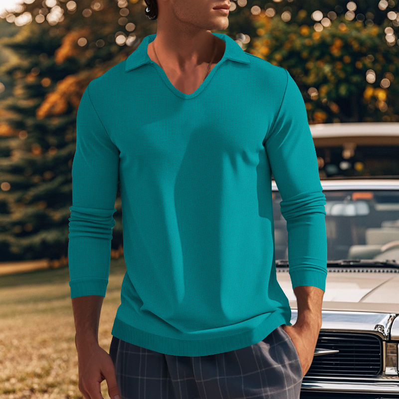 Podzimní a zimní americké pánské tričko s dlouhým rukávem, tenký střih, vaflový styl, slim fit, klopový pletený svetr pro muže_voghion.com