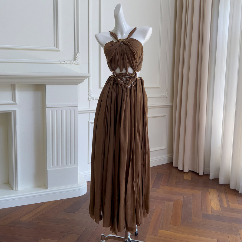 Clothing Lira 2025 Summer New caramel Hanging Neck Strapless Sling Waist Long dress Women's 68752