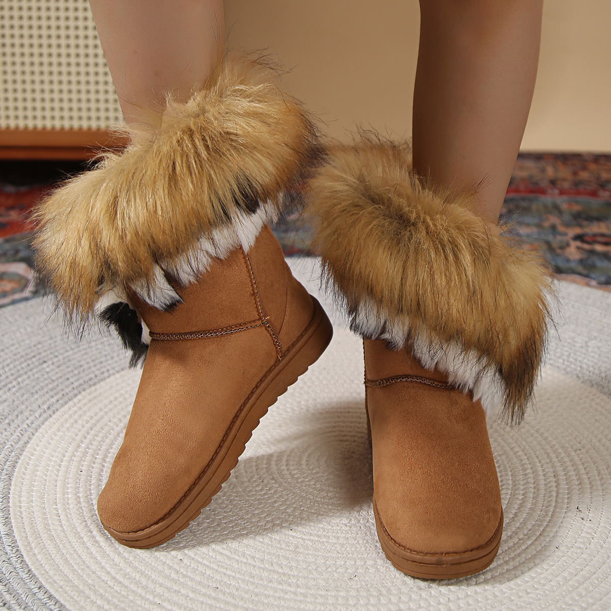 New round toe flat wool and fleece warm cotton boots_voghion.com