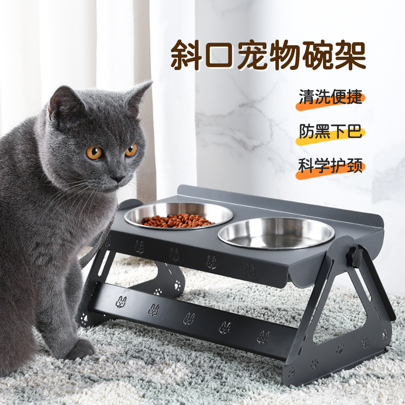 不锈钢宠物碗架可调节加高护颈双碗喝水慢食猫粮碗防打翻猫狗食盆