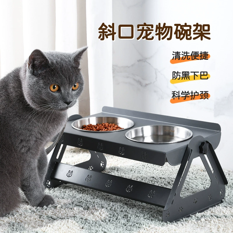 Подставка для мисок для домашних животных из нержавеющей стали, регулируемая высота, защита шеи, двойная миска, медленная питьевая вода, миска для кошачьего корма, миска для корма для кошек и собак, предотвращающая опрокидывание.