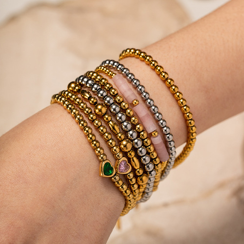 INS-style trendy titanium steel bracelet 16k gold round bead green heart zirconia bracelet, colorfast accessories wholesale
