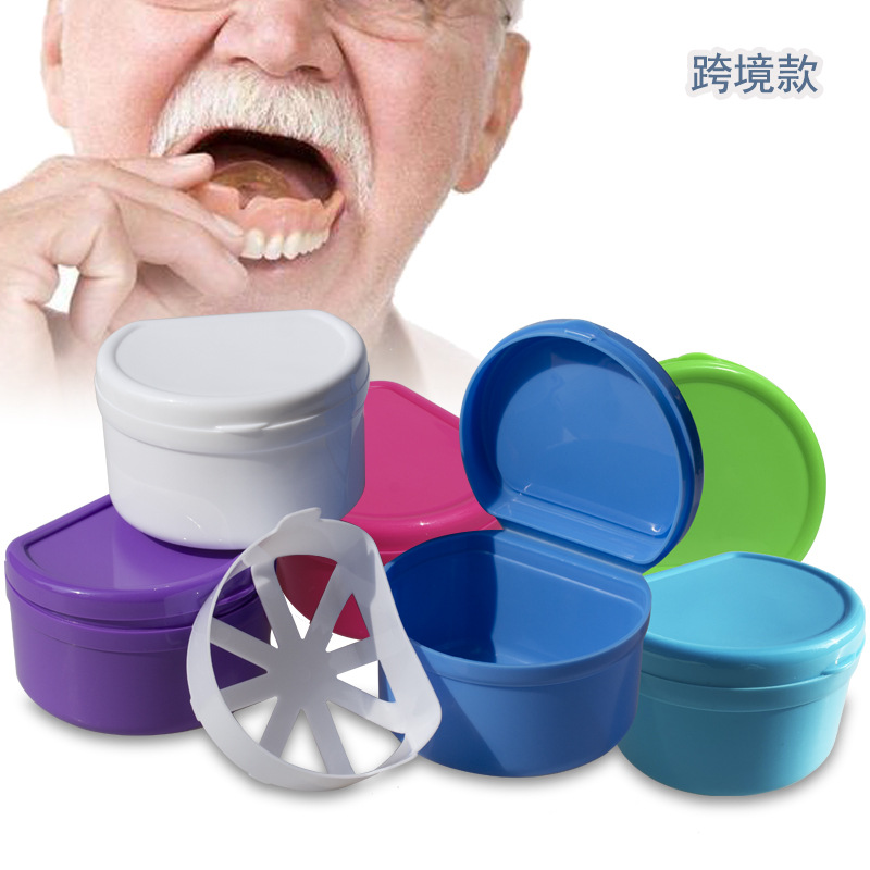 Impresión de almacenamiento de plástico, caja de almacenamiento de limpieza, dentadura postiza semicircular, caja de dentadura en forma de D con filtro, sello de doble capa de plástico