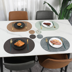 北欧風インスレザー製プレースマット、ツートンカラー食器、楕円形テーブル、高級感、洋食プレート、耐熱断熱マット