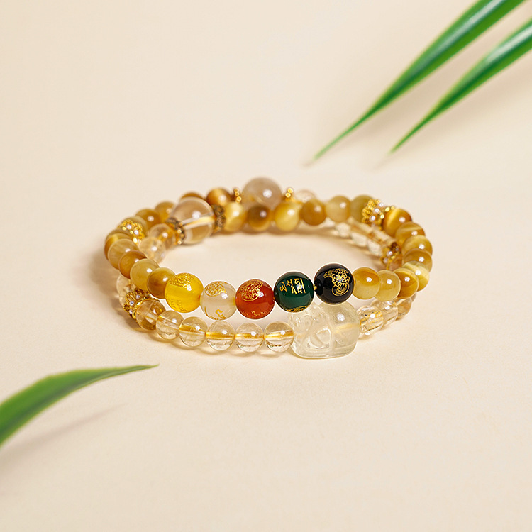 Natural Golden Tiger Eye Golden Rutilated Quartz Pixiu Five Wealth God Double Circle Bracelet New Chinese Style Fashion Original Bracelet Source