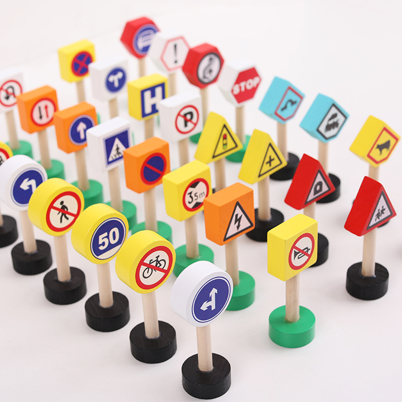 Juguetes educativos de madera para niños Señales de tráfico Juego de bloques de construcción image 3