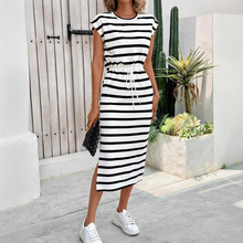 SRX189跨境欧美女装亚马逊独立站女士黑白条纹开叉圆领休闲连衣裙