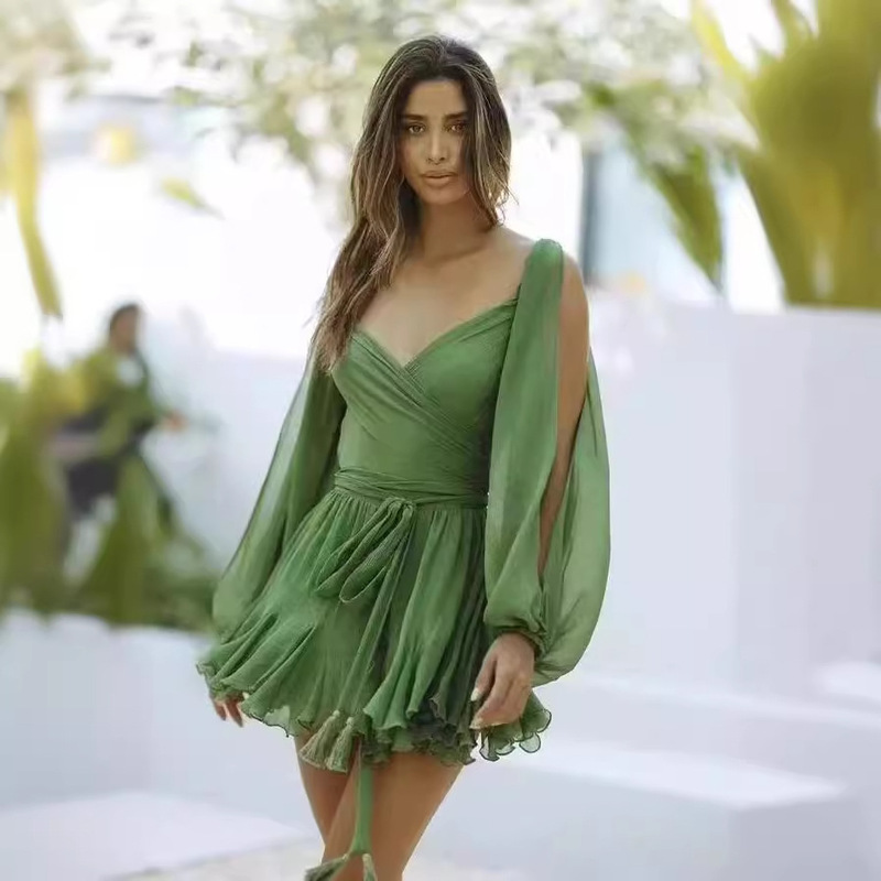 Amazon Cross-Border 2024 Spring Women's Dress Lantern Sleeve V-Neck Off-Shoulder Short Dress Slim Fit Style