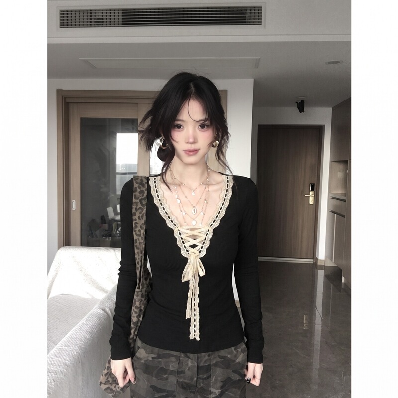 FallinFang [Targeted Sniping] Bowknot Lace Strap Top Women's Autumn Slim Fit Long Sleeve T-Shirt