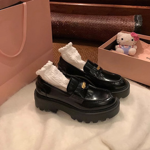 Grape Mom studiolee Expensive Small Gold Coin Round-toed Leather Shoes Thick Heeled Thick-soled Single-layer Shoes Slip-on Loafers for Women