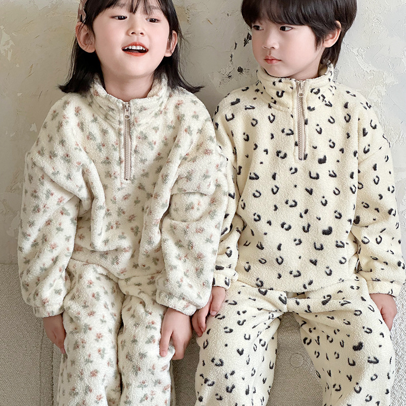 Children's Pajamas suit for Boys and Girls Autumn and Winter fleece-lined Thick Large Children's Zipper Collar Outwear Home Clothes