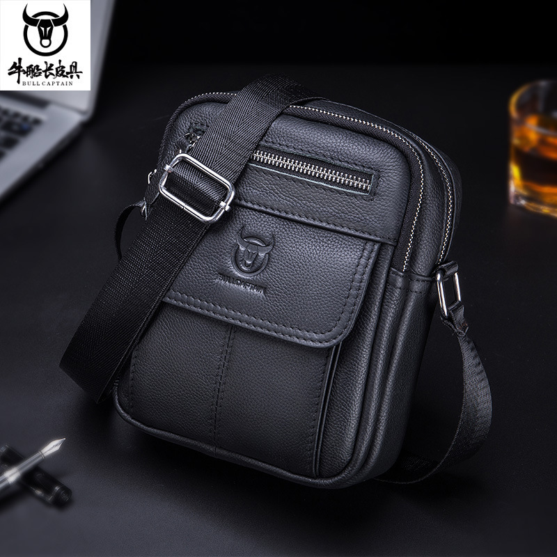 Captain Niu Men's Genuine Leather Single Shoulder Crossbody Bag, First Layer Cowhide Business Casual Korean Style Vertical Mini Student Cashier Bag