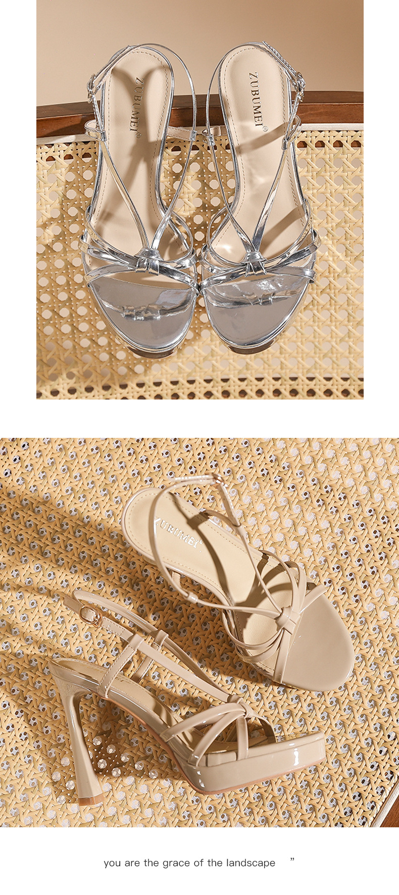 Sandal cao gót nữ hở mũi quai ngang một chữ, gót nhọn 9 cm, đế platform, phong cách tiên nữ — màu nude chi tiết 9