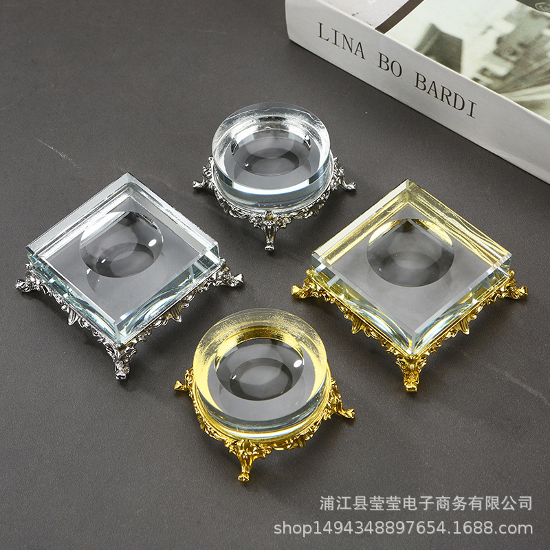 水晶球底座玻璃透明底座圆球展示方块球形收纳摆件金属展示架凹底