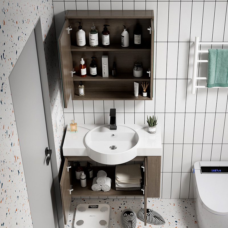 Impermeable de madera maciza pequeño apartamento lavabo baño gabinete combinación baño ultra-estrecho lavabo de cerámica integrado mesa de lavado