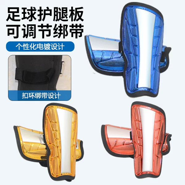 Adjustable strap football shin guards with EVA pads for impact protection and cushioning, hard shell calf protection for outdoor sports