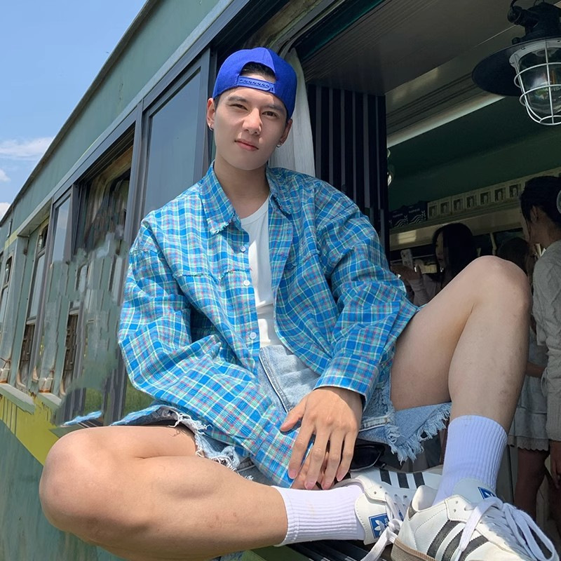 American-Style Youthful Blue Plaid Long-Sleeve Shirt for Men and Women, Autumn Cool Loose Shirt, Couple Casual Jacket Trendy