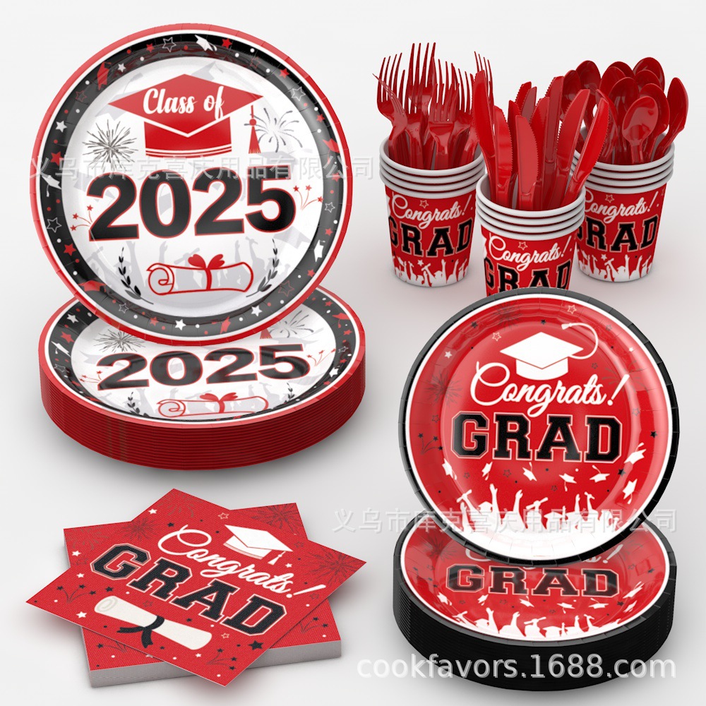 Nueva temporada de graduación roja y negra decoración de fiesta temática de la ceremonia de graduación bandeja de papel desechable tazas de papel toallas de papel cubiertos de fiesta