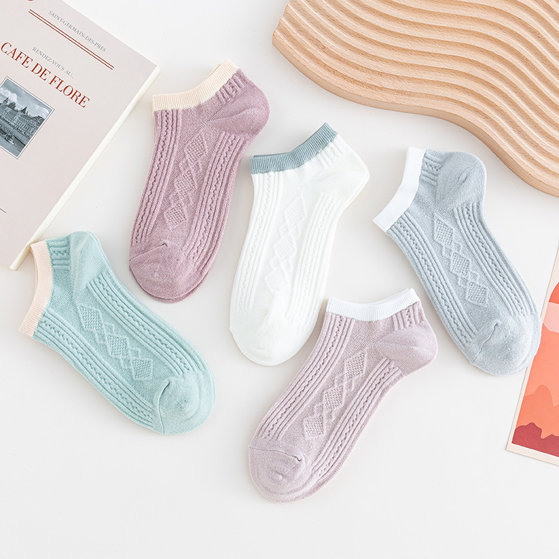 [5 pairs] spring and summer cotton socks women's boat socks imitation double needle Japanese socks invisible socks striped women's socks wholesale