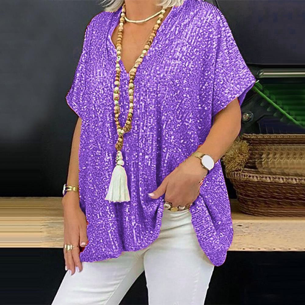 Camiseta de manga corta con lentejuelas y cuello en V, estilo urbano informal, holgada, de color, para mujer, nueva colección 2026 de Amazon, estilo europeo y americano.