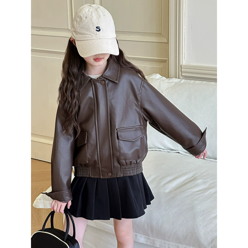 Children's polyurethane fashionable retro jacket, for teenagers, children's clothing