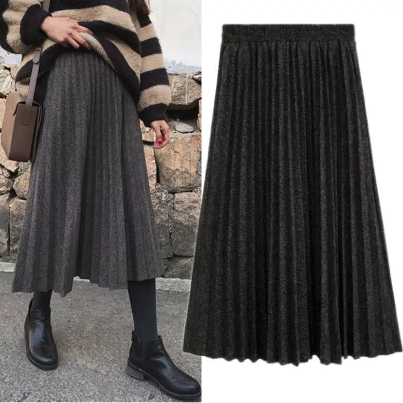Шерстяная юбка макси с высокой талией и плиссировкой, однотонная, для осени и зимы 2025 года, для внешней торговли Amazon, больших размеров