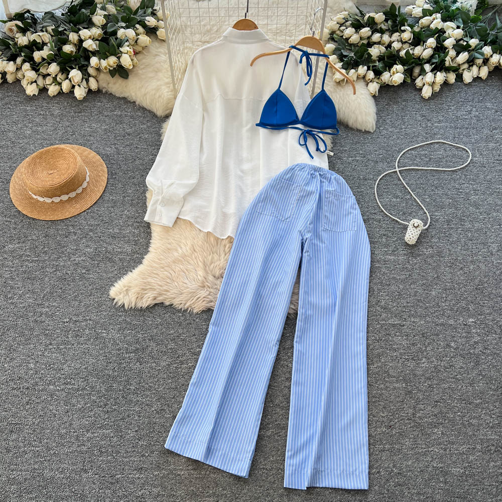 Women's White Shirt And High Waisted Wide Leg Pants Two Piece Set For Autumn Casual Sophisticated Wear_ecoleips.com