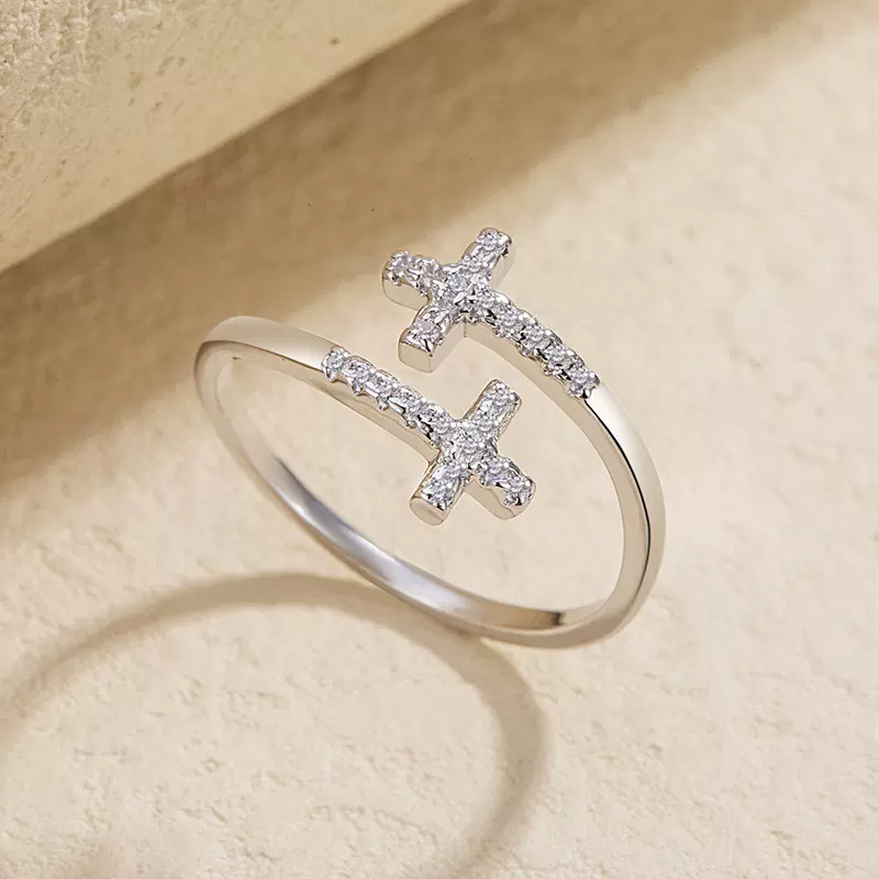 S999足银微镶锆石十字架戒指女轻奢高级感时尚百搭食指戒开口指环