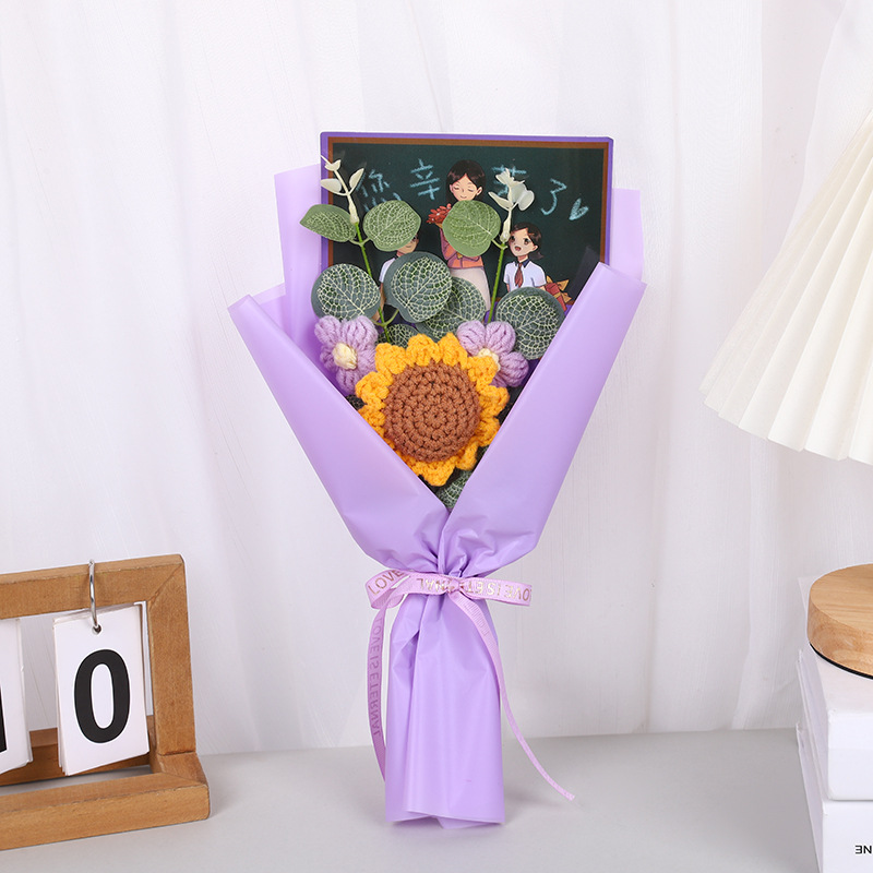 Regalos del día del maestro para niños y niñas, regalos creativos de vacaciones, lana hecha a mano, punto puff, ramo de girasol