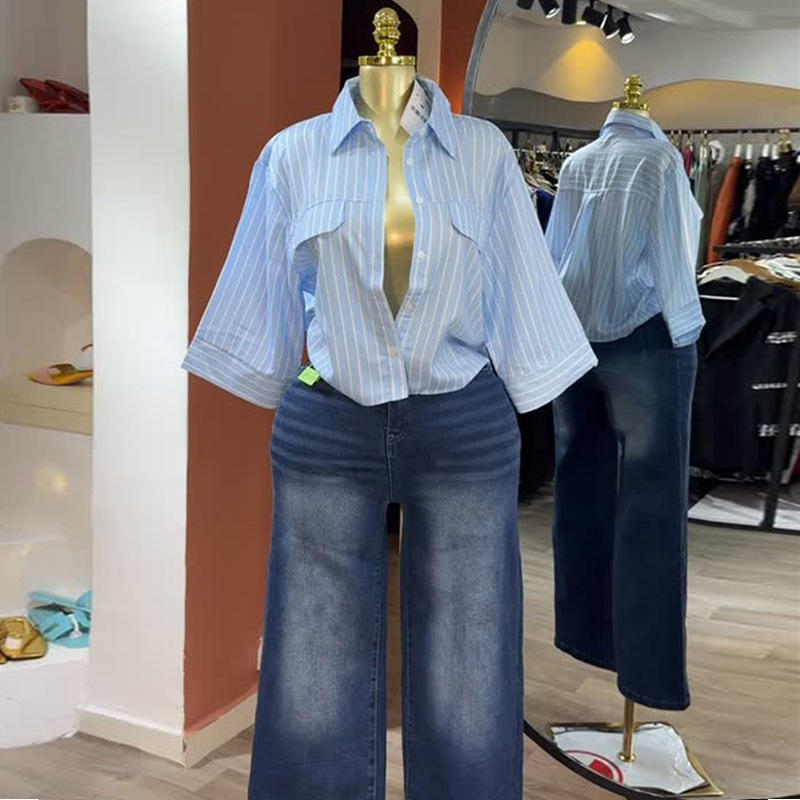 欧美跨境女装2025秋季新款时尚休闲翻领宽松短款条纹短袖衬衫上衣|undefined