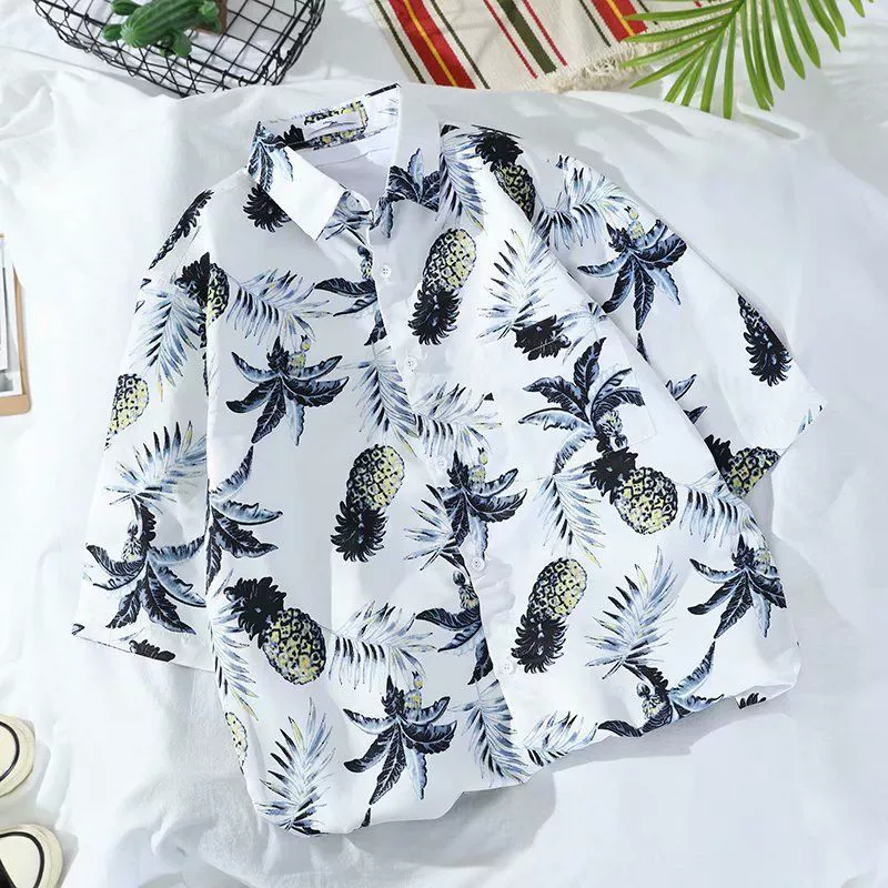Летняя корейская рубашка с короткими рукавами в гонконгском стиле, свободная рубашка в стиле ретро для отдыха на море, гавайская рубашка с цветочным принтом, пляжная пара, стильный тренд