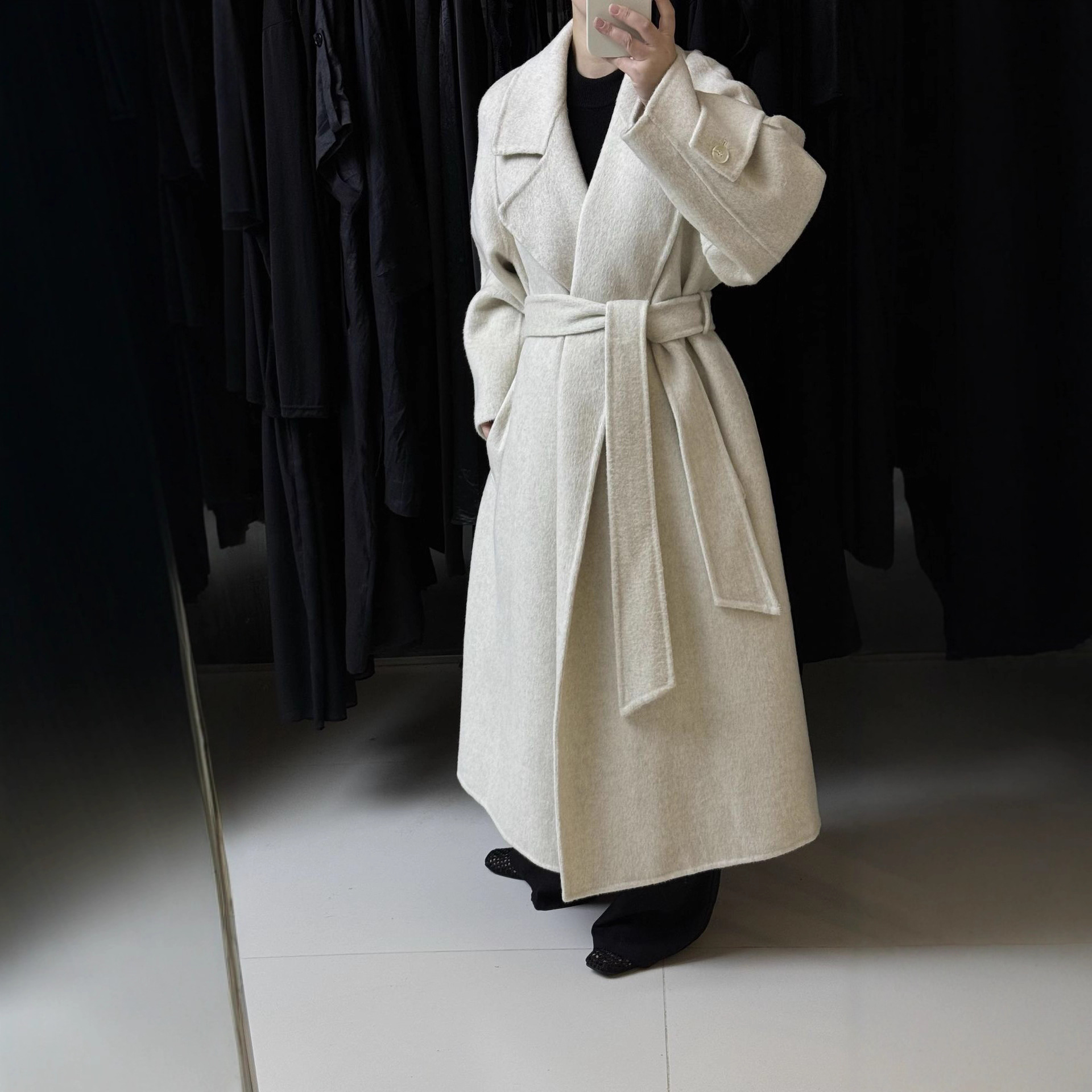 2025年秋冬新款双面羊毛大衣女袖袢系带睡袍加长款韩版高级感外套