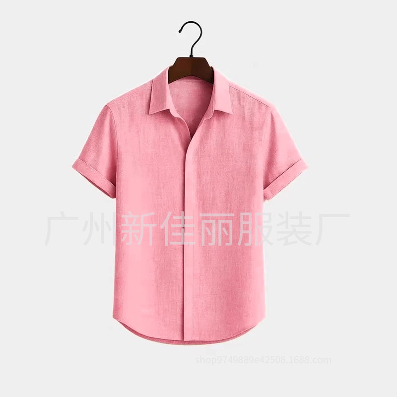 Men's Linen Short-Sleeved T-Shirt Loose Undershirt Pure Color Short-Sleeved Cotton and Linen Shirt Men's Beach Large Size Men's Short-Sleeved Shirt