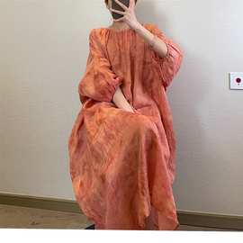 宽松韵染印花连衣裙国风复古文艺女夏季上新
