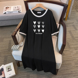 Round Neck New Plus Size Slimming Look Loose a Version Mid-Length Dress for Women 200/300/350 Pounds 1089