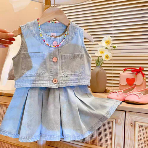 Unisex Washable Denim Set with Sleeveless Top and Pleated Skirt - 2025 Summer Trendy Sweet Style Two-Piece Set
