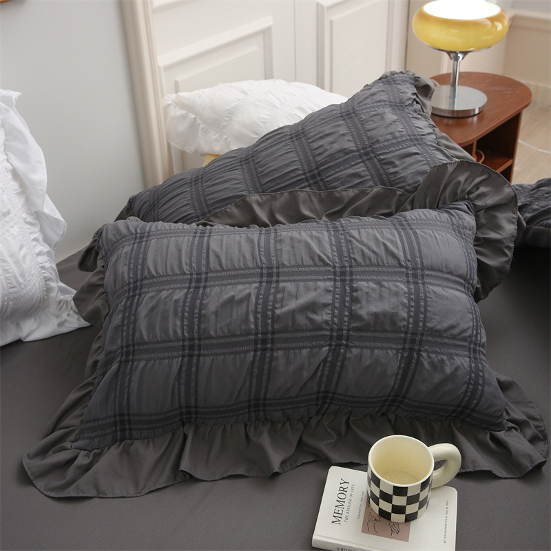 跨境夏季爆款华夫格泡泡纱花边夏被四件套床品纯色胖被套床单批发