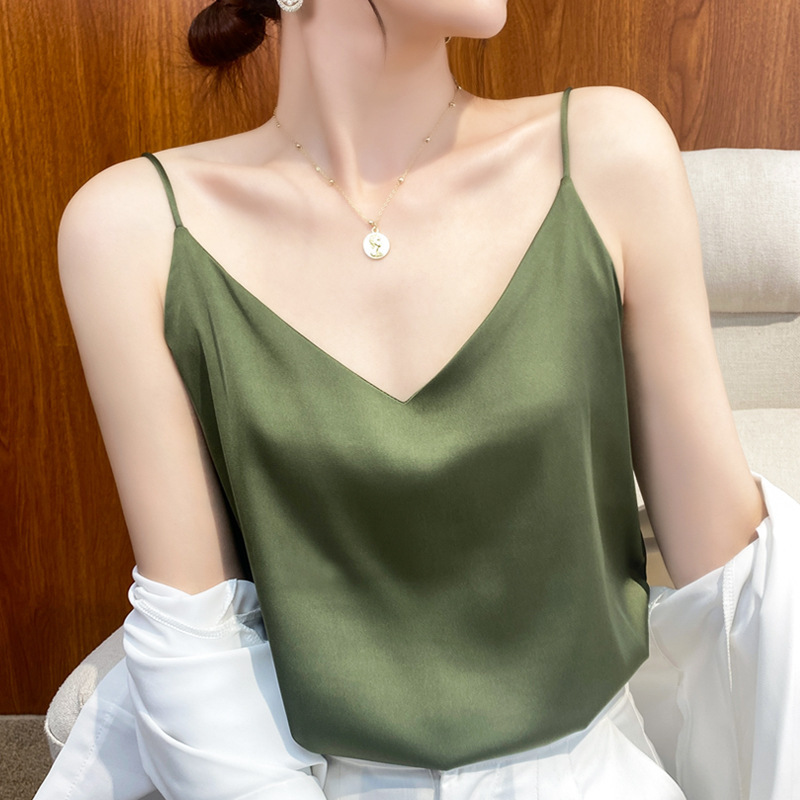 Summer Inner Wear, Slim Fit Front and Rear V Neck Single Shoulder Straps, Sleeveless Pure Color, Simple and Versatile Imitation Silk Camisole