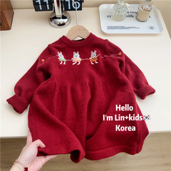 Lingli 2023 Winter Children's Apparel Girl's Knitwear New Year Hand-Embroidered Rabbit Girl's Dress Knitwear New Year Dress