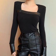 T恤女黑色方领皮拼接修身长袖万能打底衫早春季内搭紧身上衣日韩
