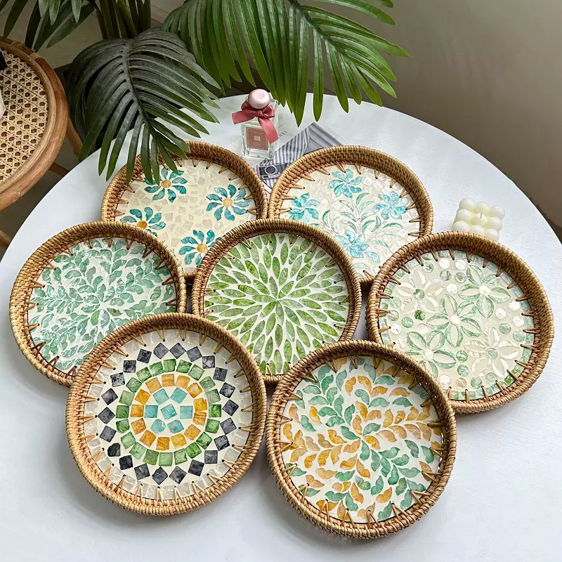 越南藤编托盘贝壳水果盘藤篮编织早餐篮北欧竹编面包筐点心篮子