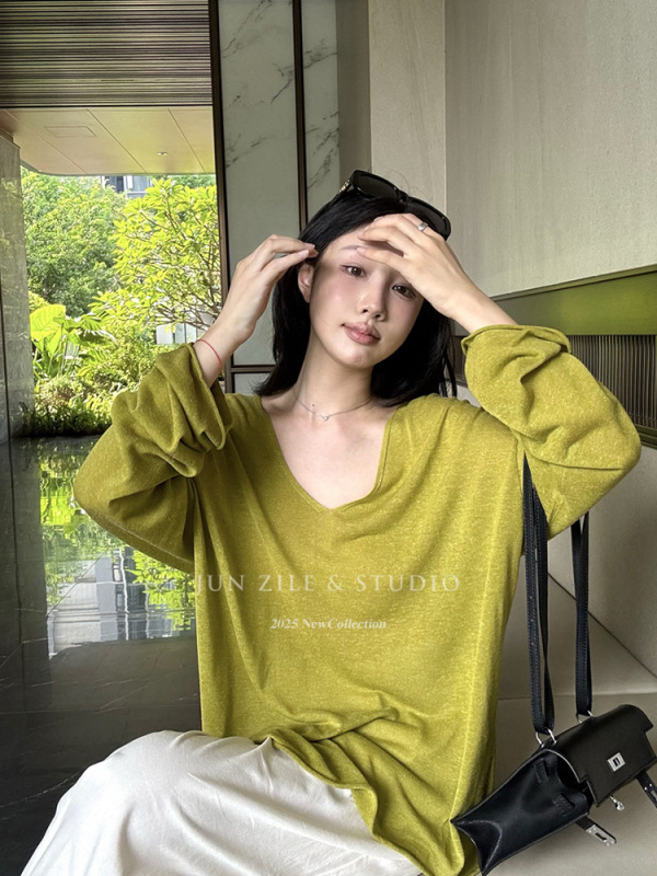 慵懒风上衣韩系女装2025秋季新款宽松休闲百搭显瘦V领长袖罩衫T恤|undefined