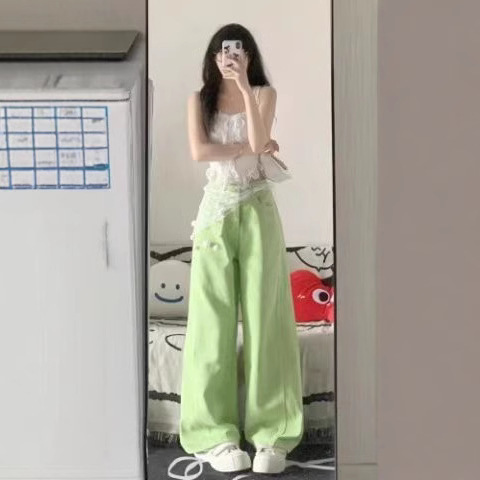 Apple Green Wide Leg Denim Pants for Women 2025 Spring Early Casual Flowy Slim Fit Straight Leg Ground-Length Pants Ins Trendy
